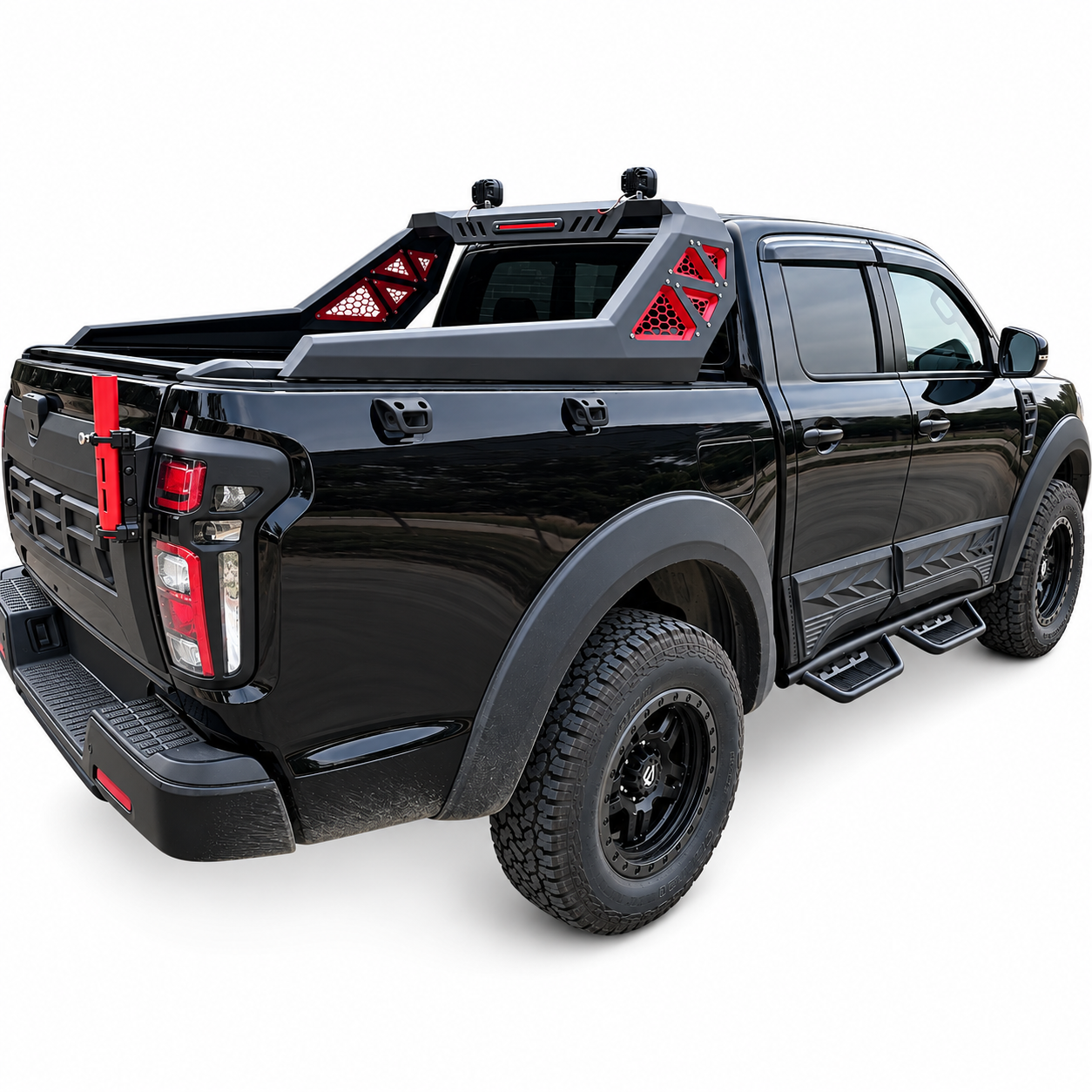 Pickup Truck Sports Bar with Angular Frame and Red Honeycomb Panels | Custom Fit